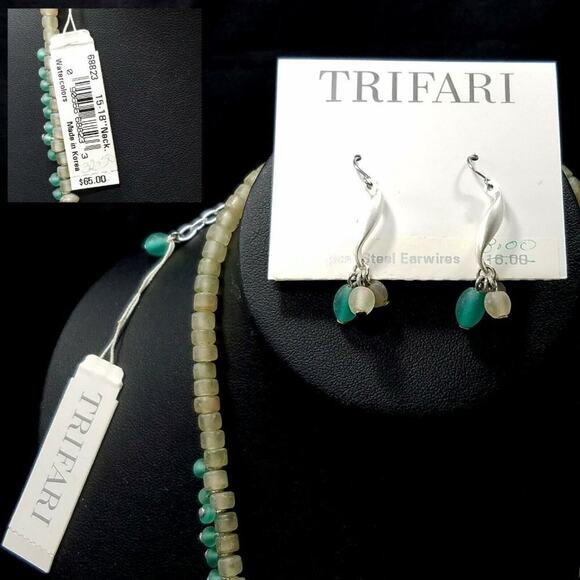 Trifari Fringe Teal Green Frosty Beaded Silver Necklace & Earrings Set, NWT - Picture 4 of 6